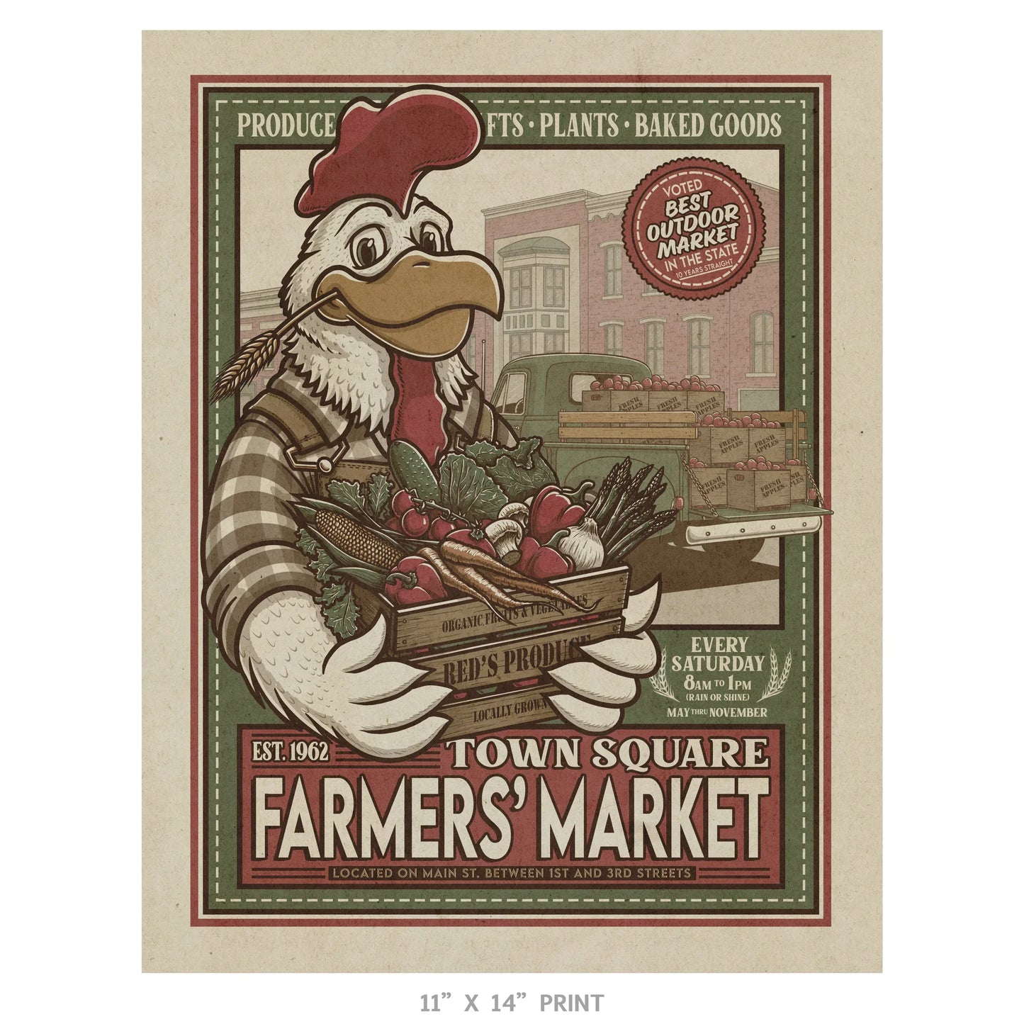 Town Square Farmers' Market Retro Ad Limited Edition Print - Nick Fasnacht Illustration & Design