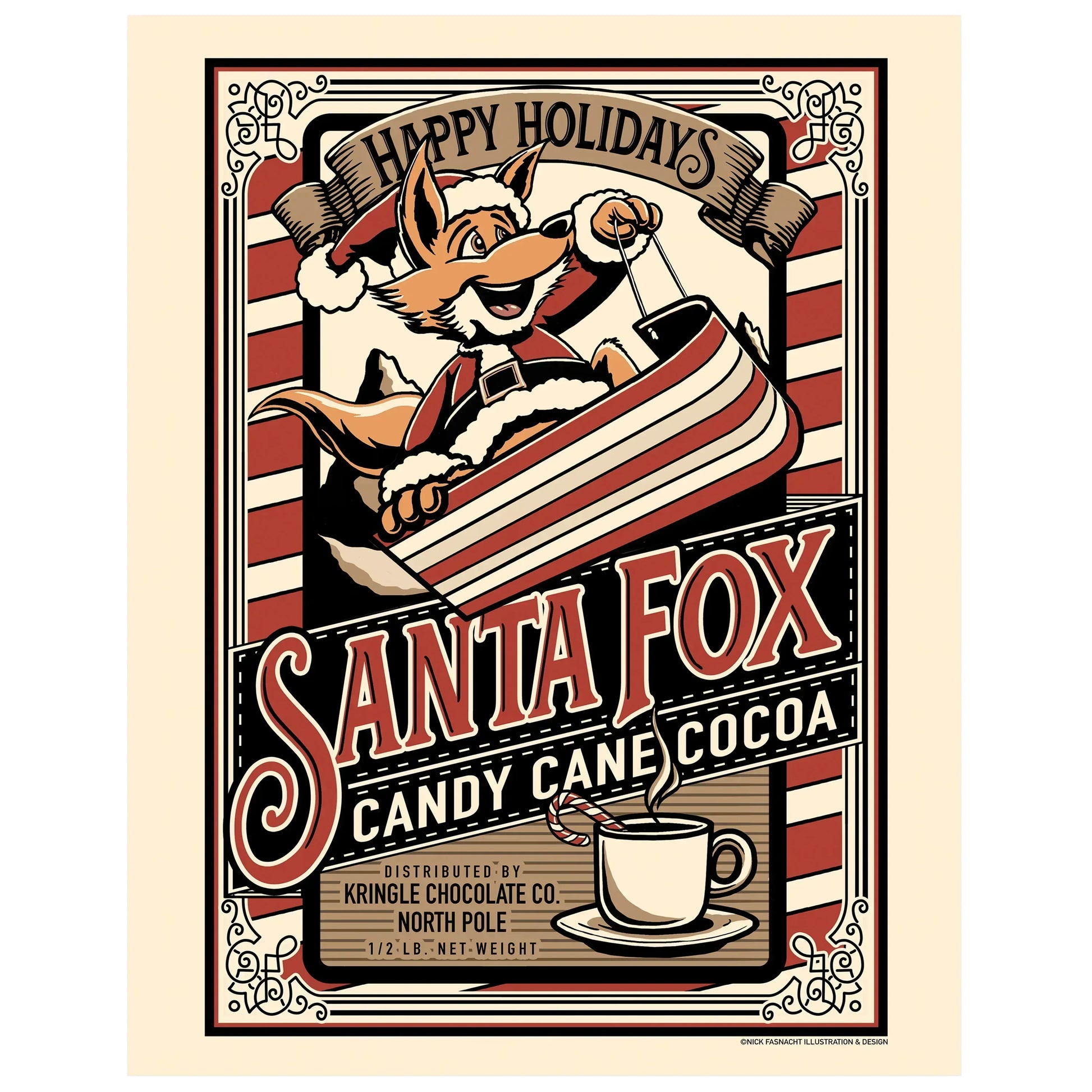 "Santa Fox Candy Cane Cocoa" Christmas Print - Nick Fasnacht Illustration & Design