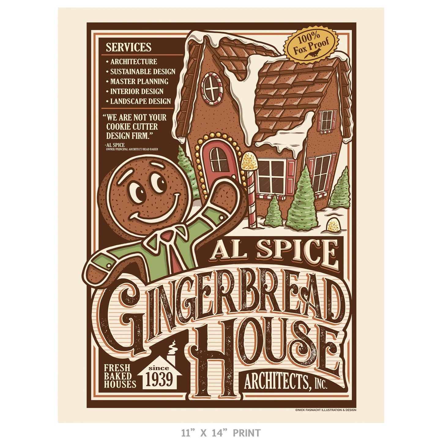"Al Spice Gingerbread House Architects, Inc." Christmas Print - Nick Fasnacht Illustration & Design