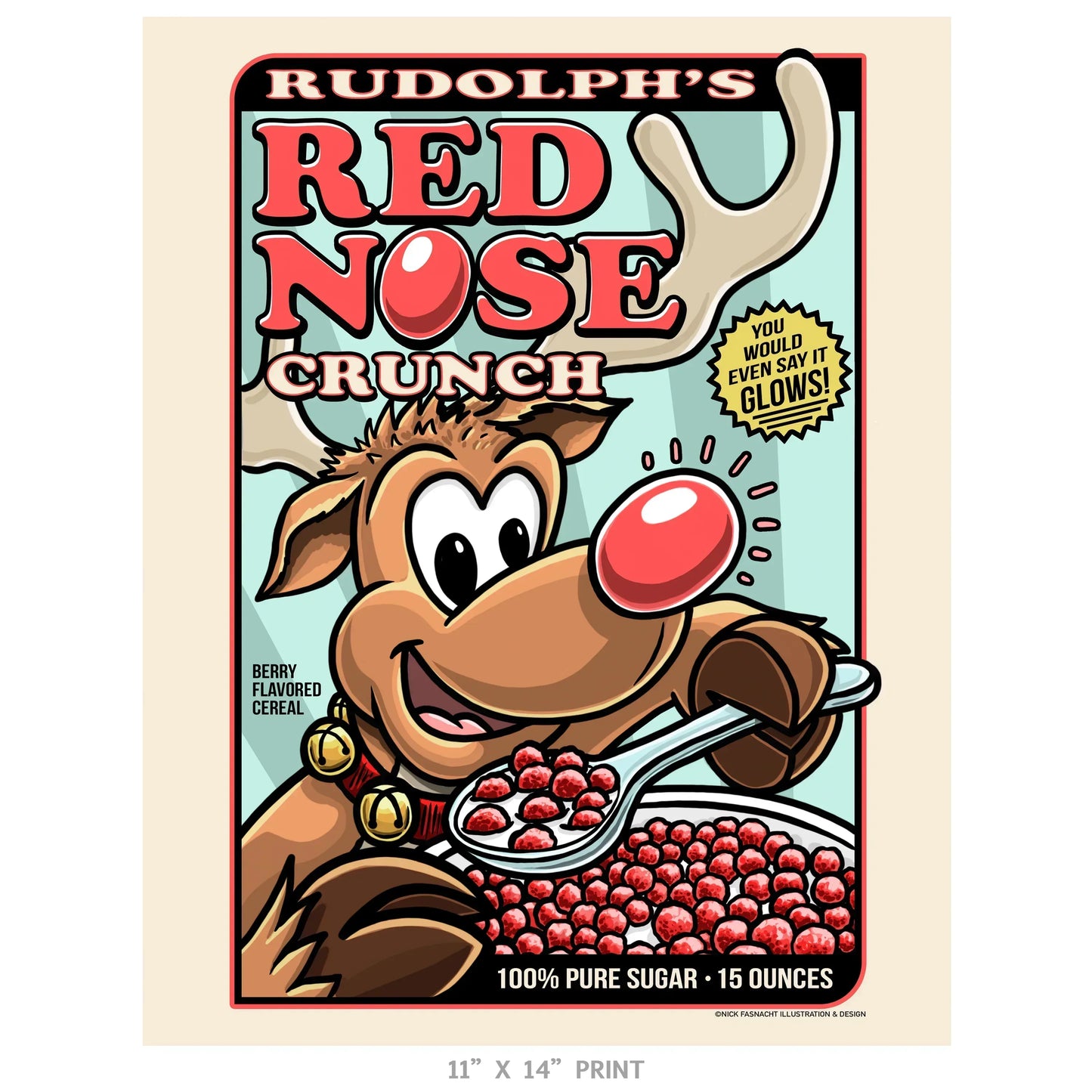 "Rudolph's Red Nose Crunch" Christmas Print - Nick Fasnacht Illustration & Design