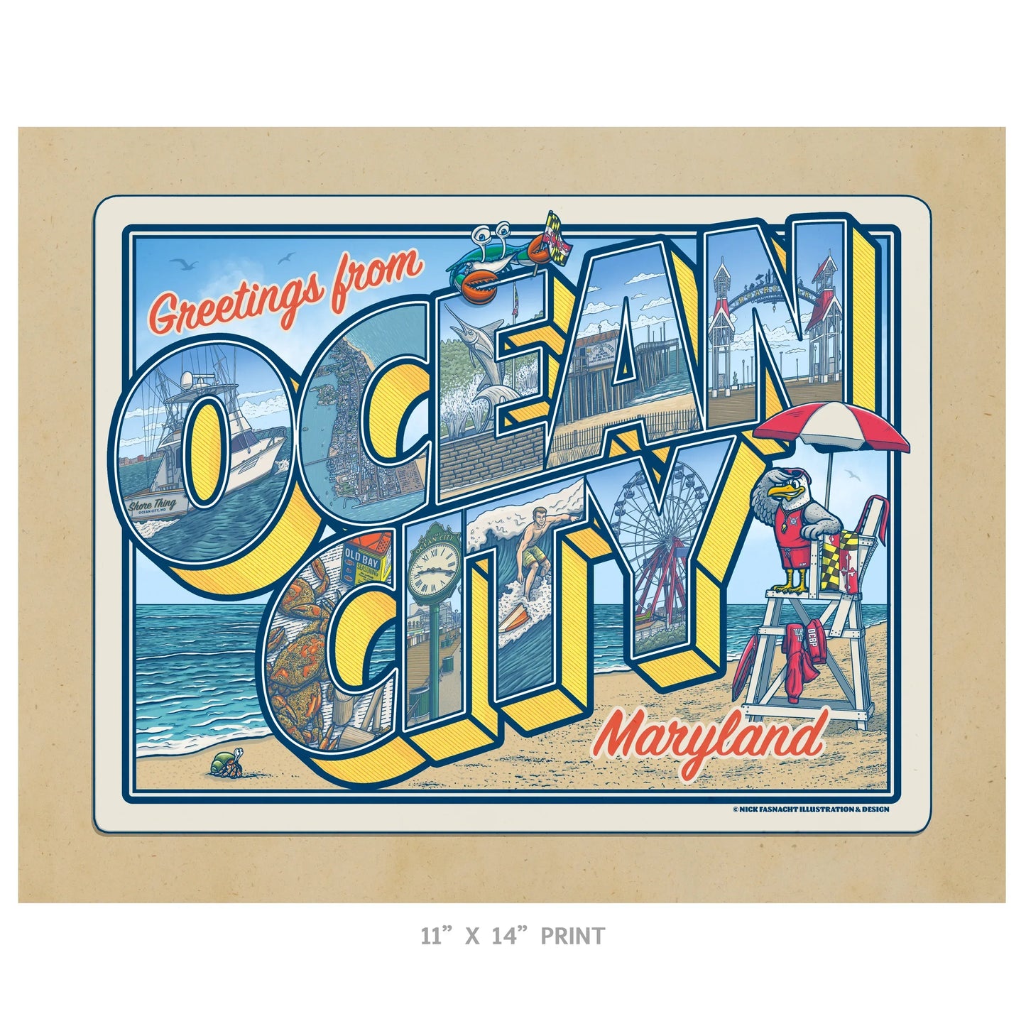 Ocean City, Maryland Vintage Postcard Limited Edition Print - Nick Fasnacht Illustration & Design