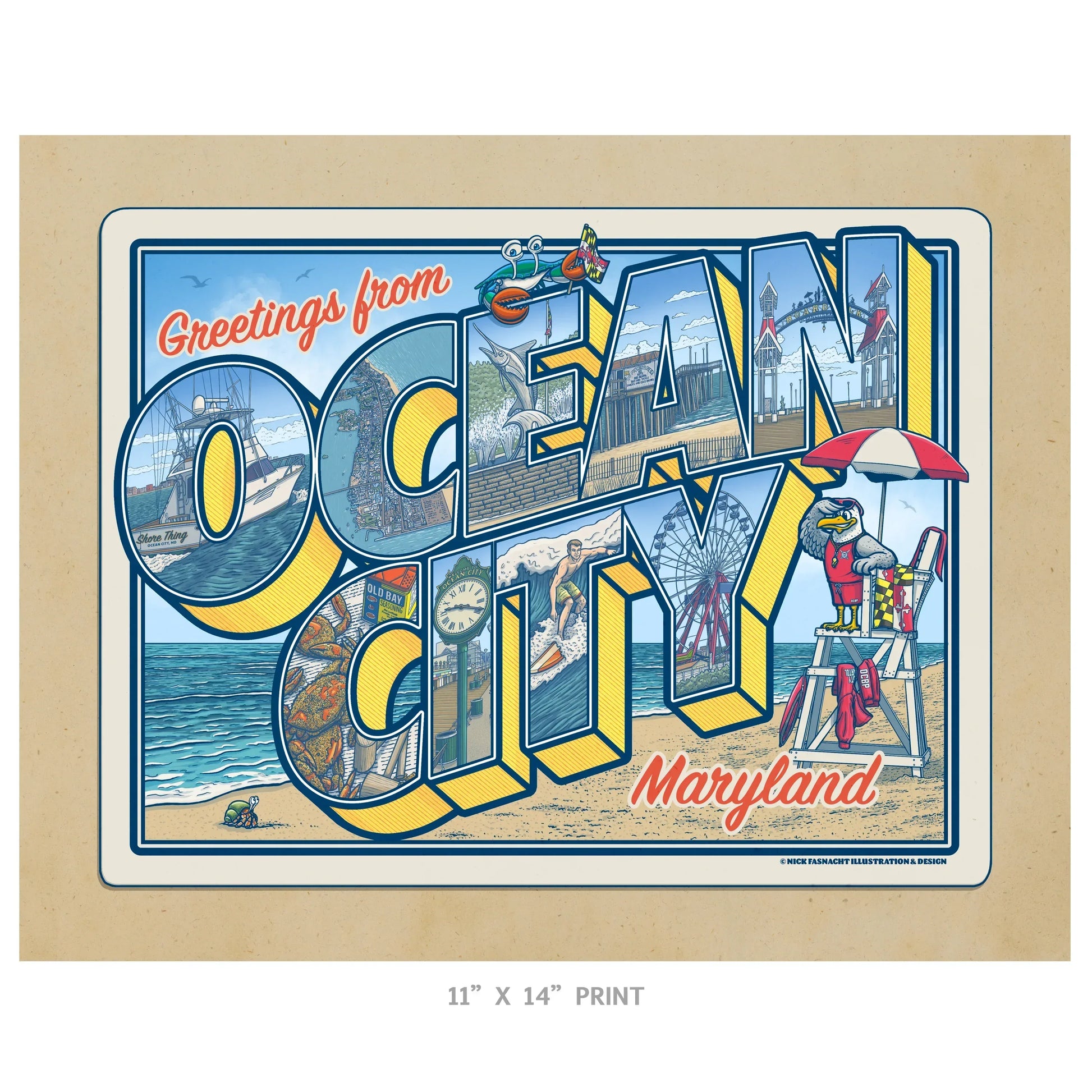 Ocean City, Maryland Vintage Postcard Limited Edition Print - Nick Fasnacht Illustration & Design