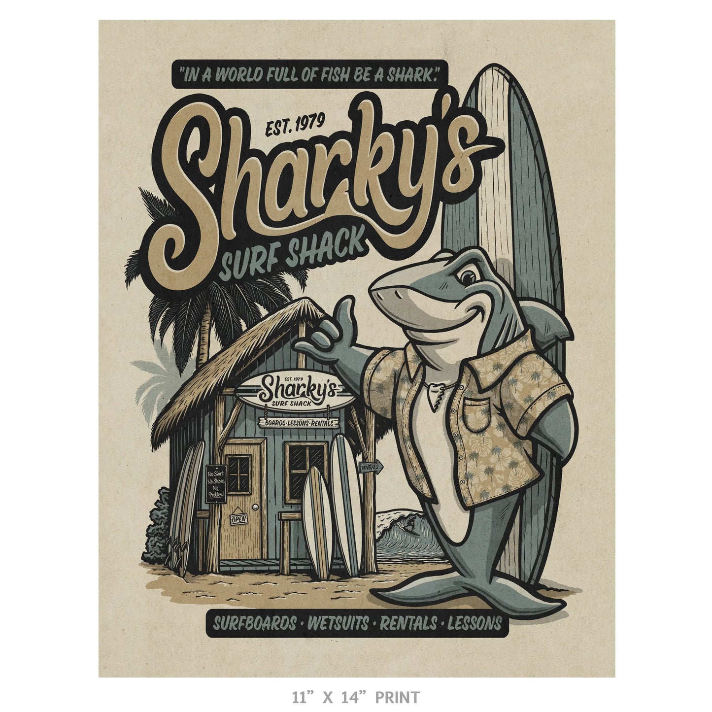 Sharky's Surf Shack Retro Ad Limited Edition Print - Nick Fasnacht Illustration & Design