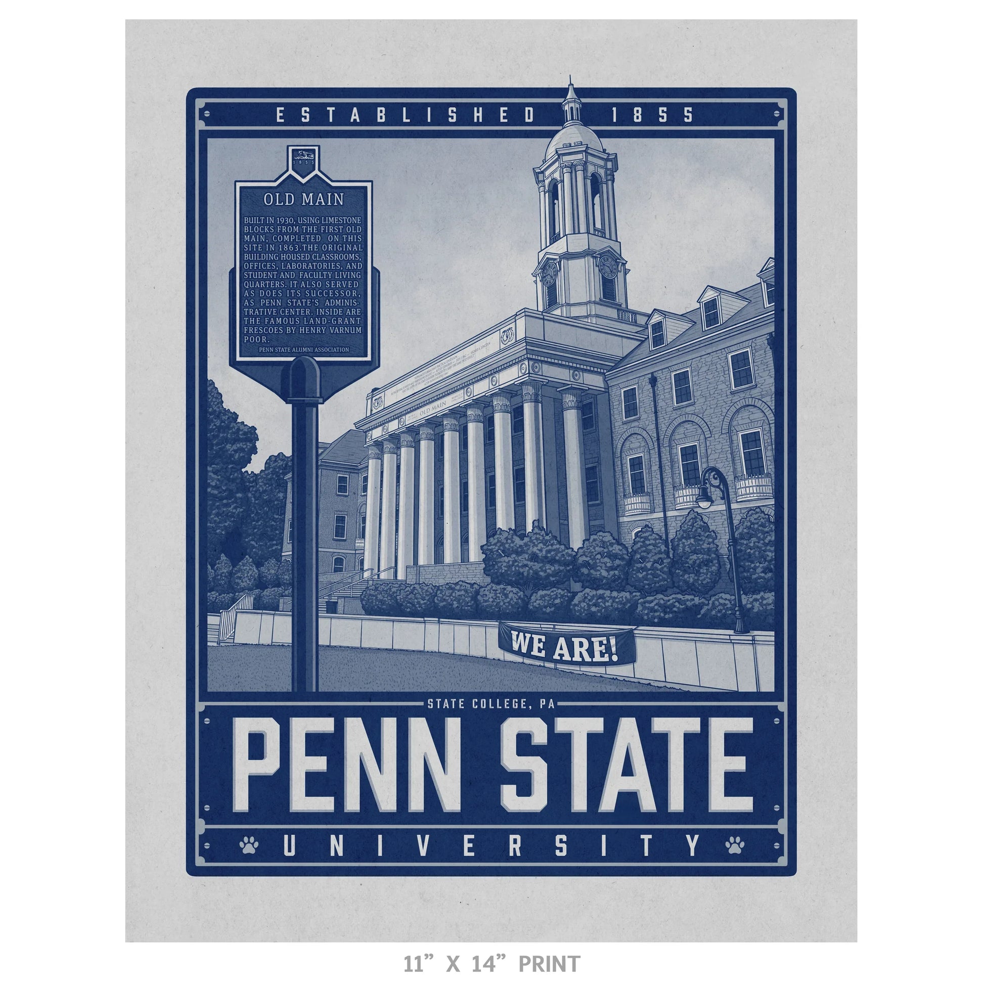 "Old Main" Penn State University Travel Poster Limited Edition Print - Nick Fasnacht Illustration & Design