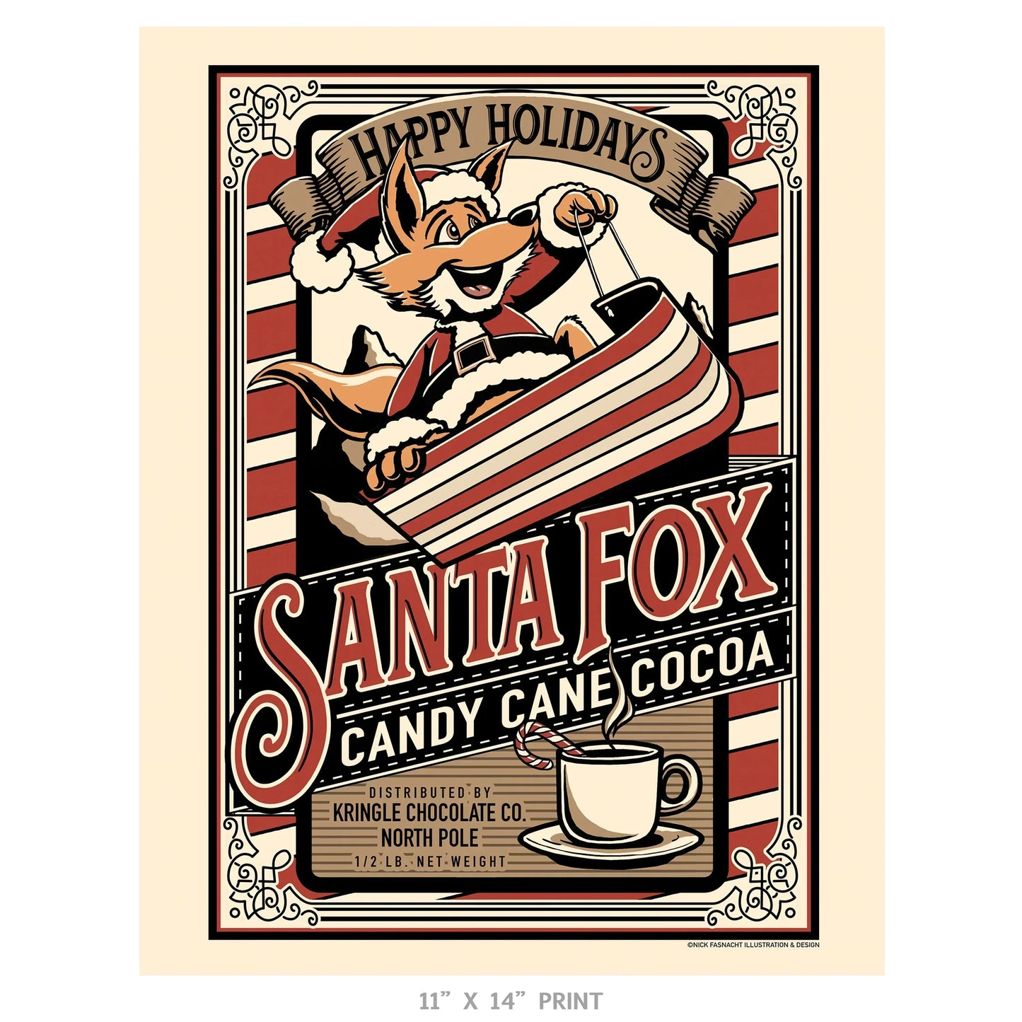 "Santa Fox Candy Cane Cocoa" Christmas Print - Nick Fasnacht Illustration & Design
