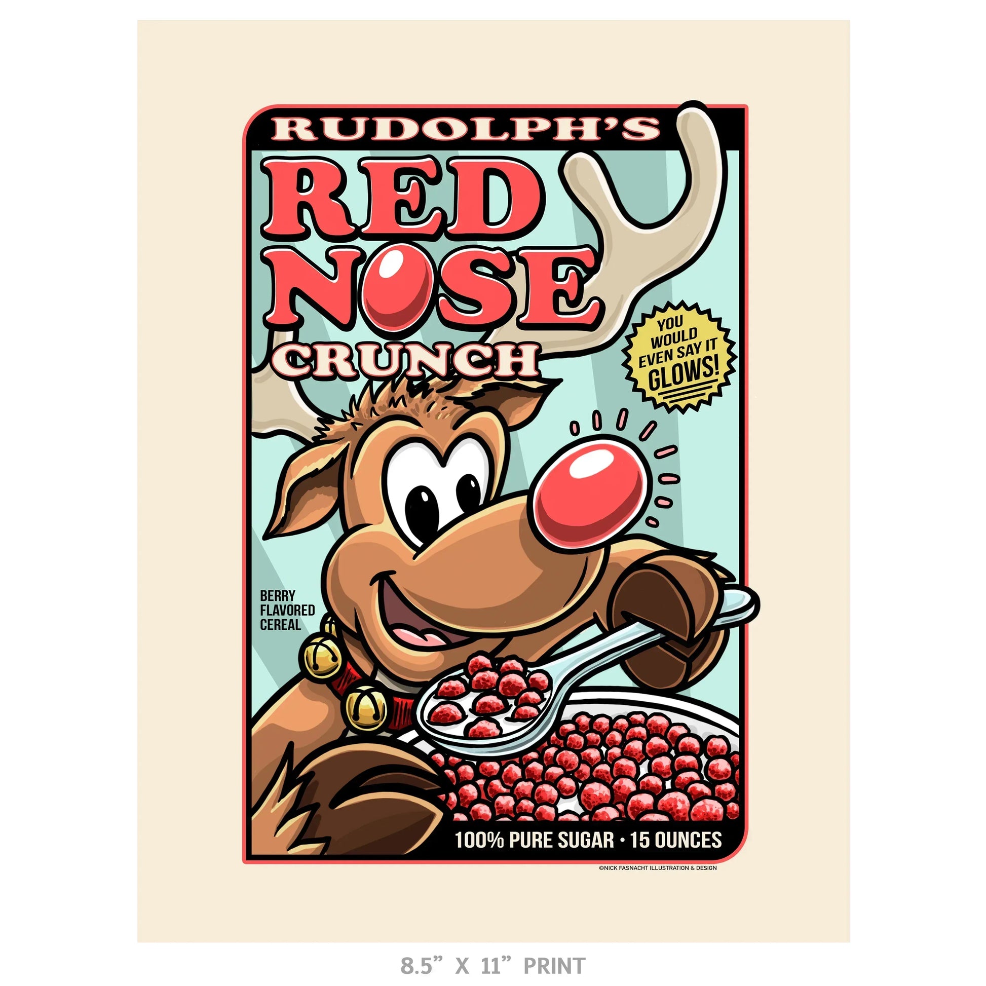 "Rudolph's Red Nose Crunch" Christmas Print - Nick Fasnacht Illustration & Design