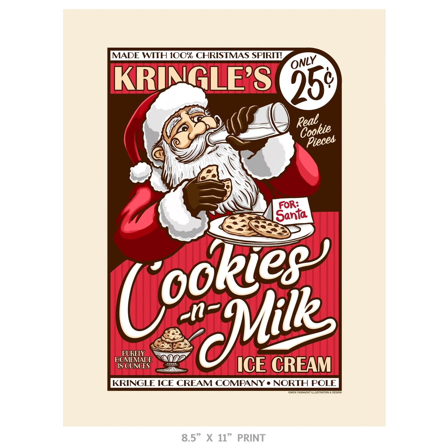 "Kringle's Cookies-n-Milk Ice Cream" Christmas Print - Nick Fasnacht Illustration & Design