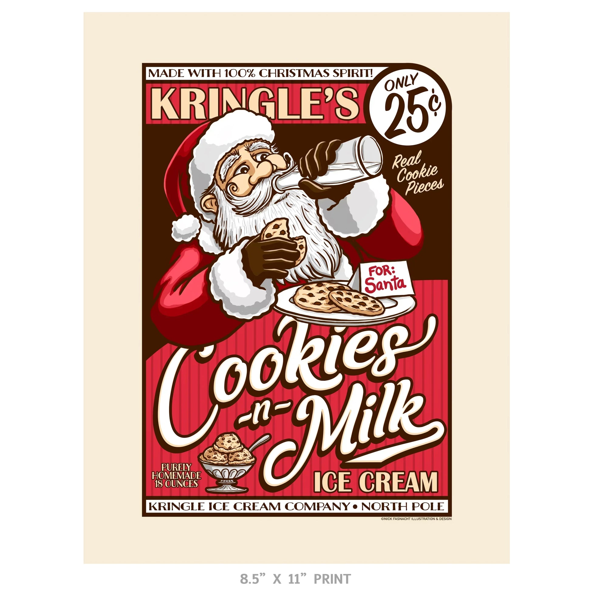 "Kringle's Cookies-n-Milk Ice Cream" Christmas Print - Nick Fasnacht Illustration & Design