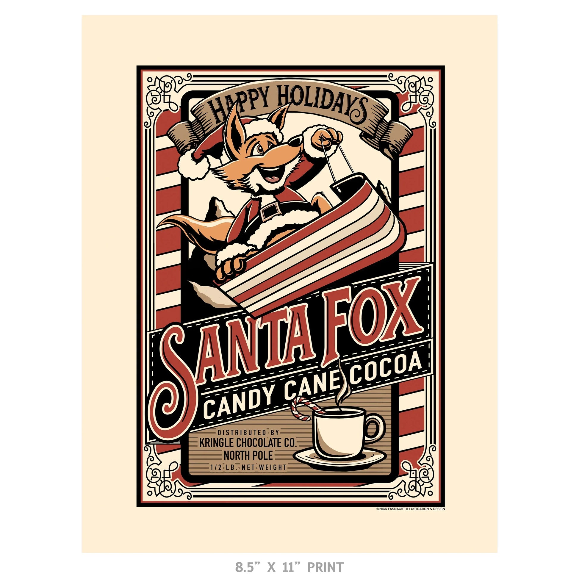 "Santa Fox Candy Cane Cocoa" Christmas Print - Nick Fasnacht Illustration & Design