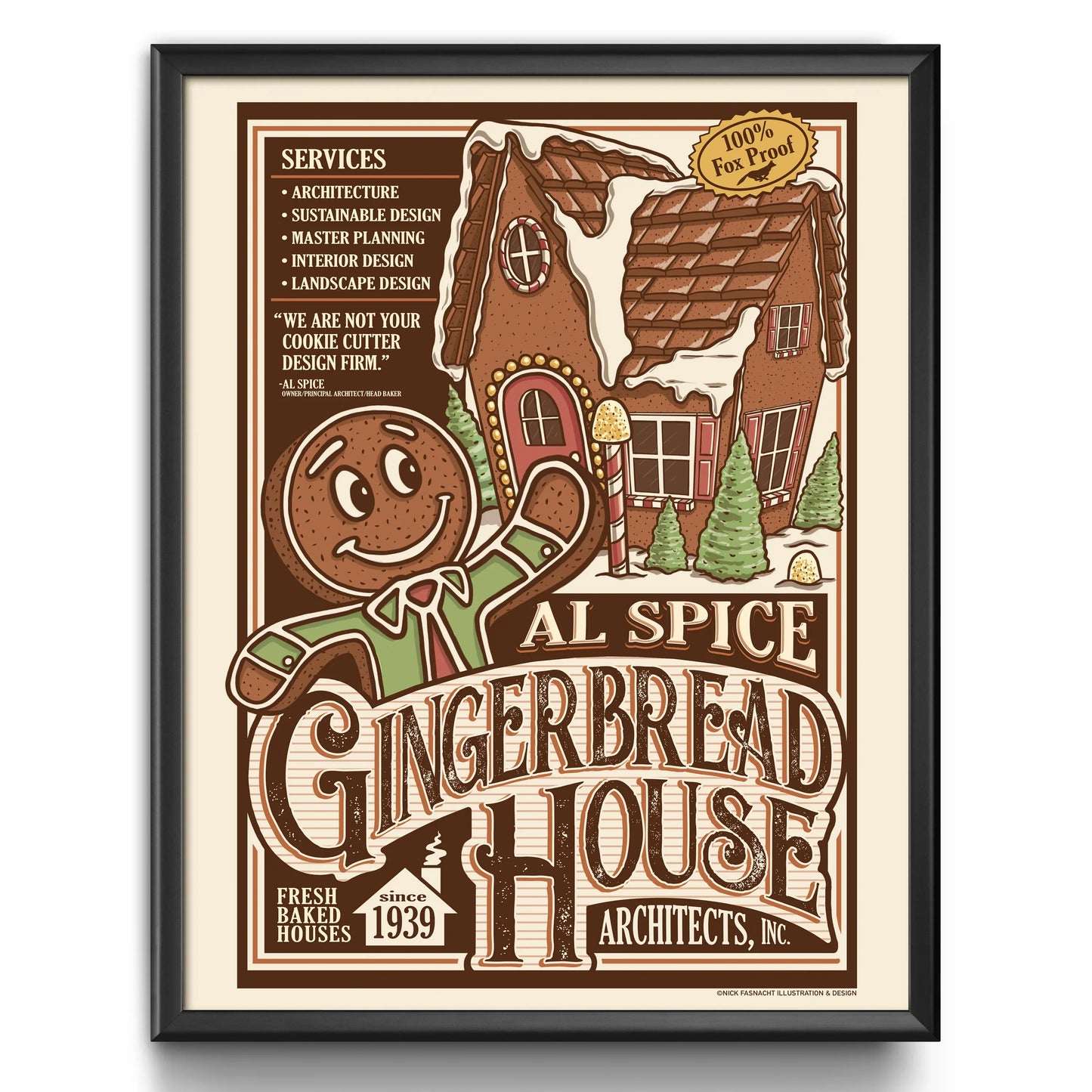 "Al Spice Gingerbread House Architects, Inc." Christmas Print - Nick Fasnacht Illustration & Design