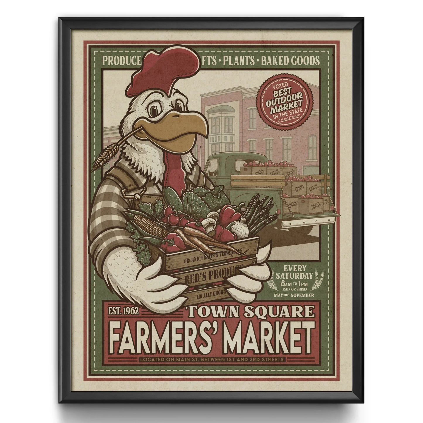 Town Square Farmers' Market Retro Ad Limited Edition Print - Nick Fasnacht Illustration & Design