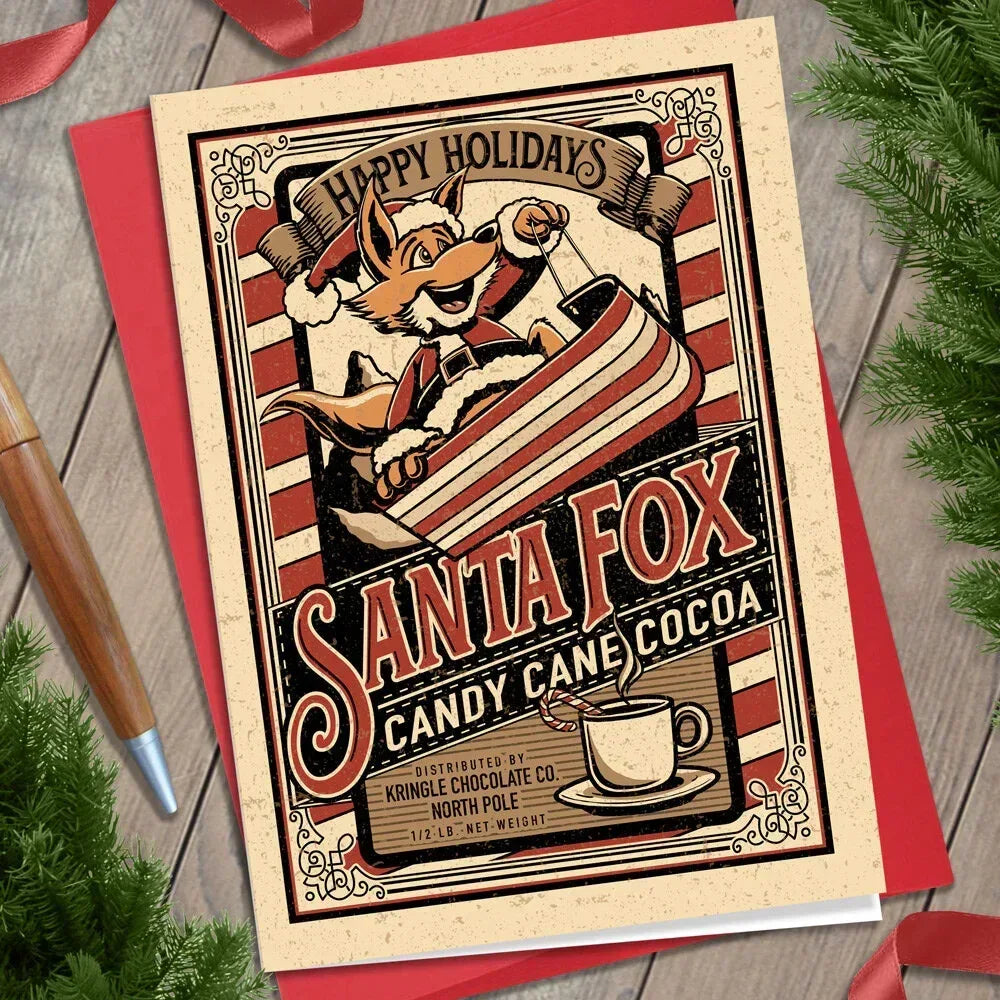 Santa Fox Candy Cane Cocoa Christmas Card - Nick Fasnacht Illustration & Design