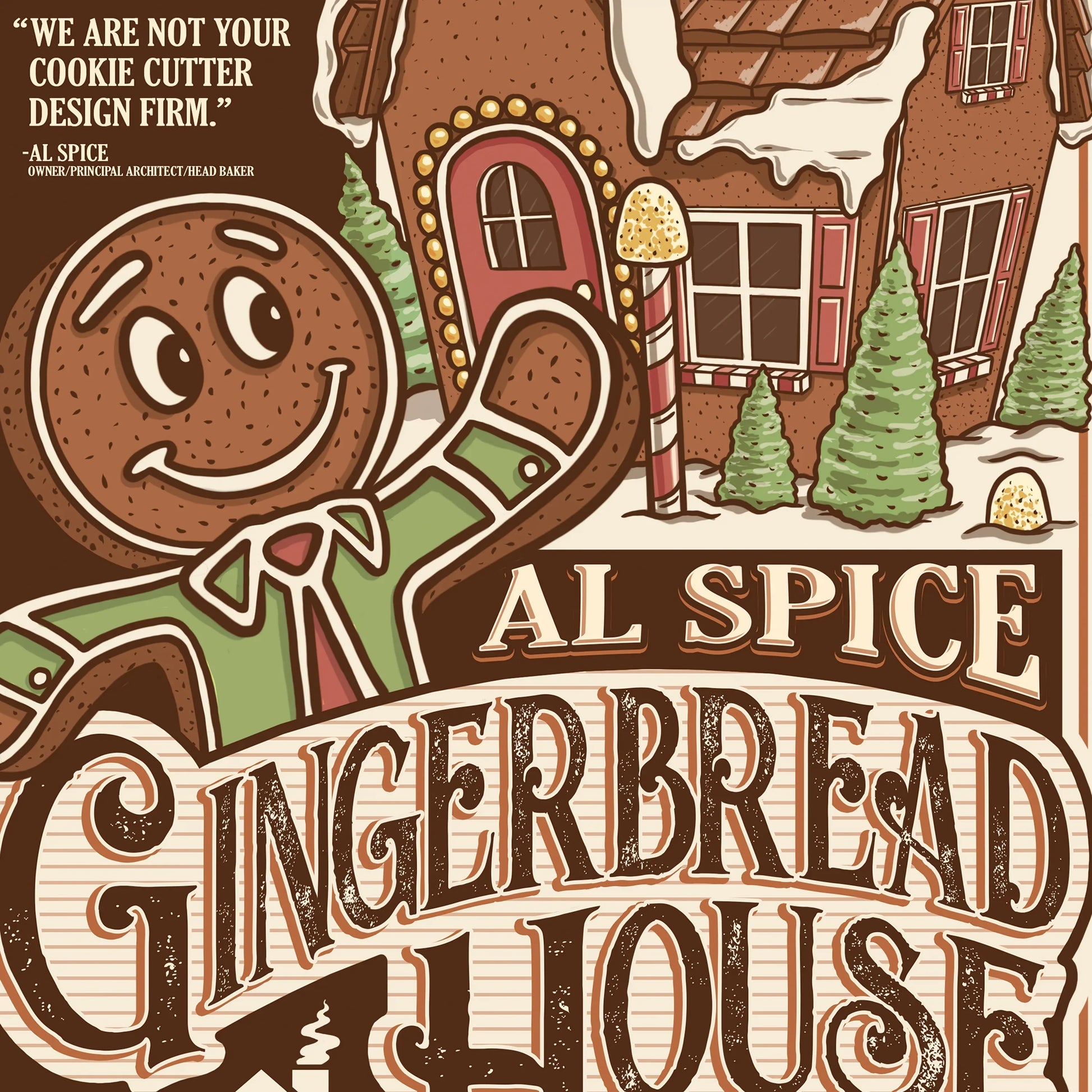 "Al Spice Gingerbread House Architects, Inc." Christmas Print - Nick Fasnacht Illustration & Design