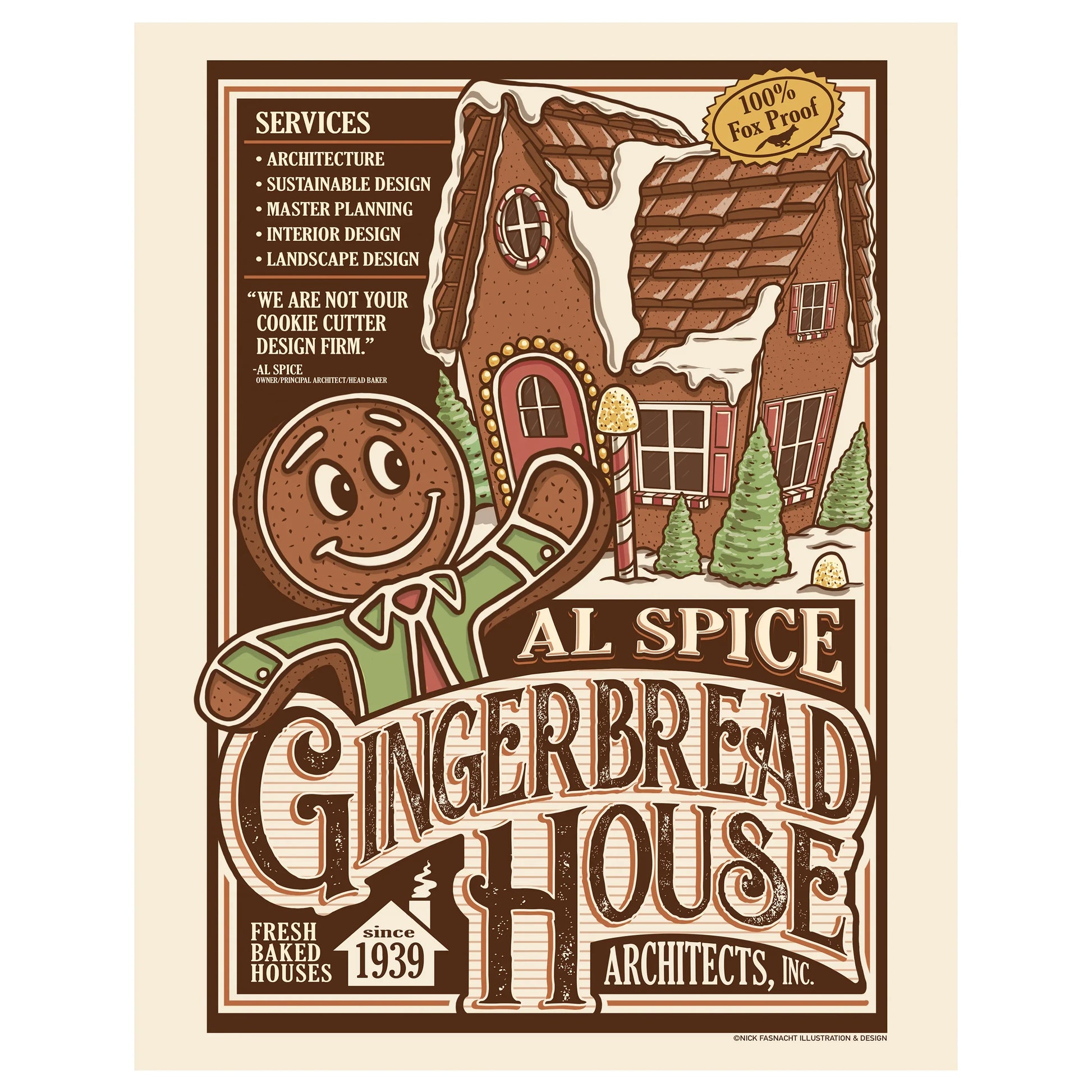"Al Spice Gingerbread House Architects, Inc." Christmas Print - Nick Fasnacht Illustration & Design