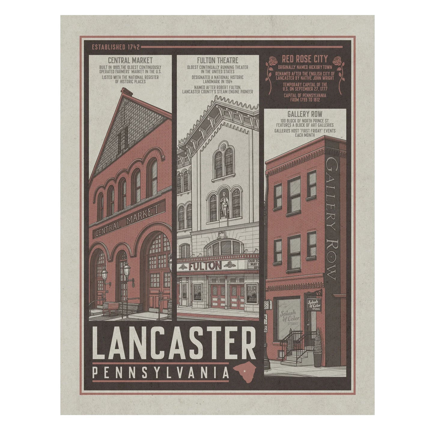 Lancaster Red Rose City Travel Poster Limited Edition Print - Nick Fasnacht Illustration & Design