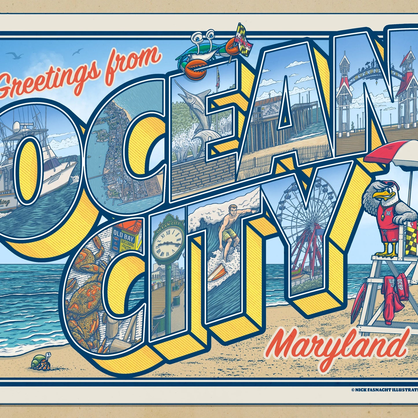 Ocean City, Maryland Vintage Postcard Limited Edition Print - Nick Fasnacht Illustration & Design