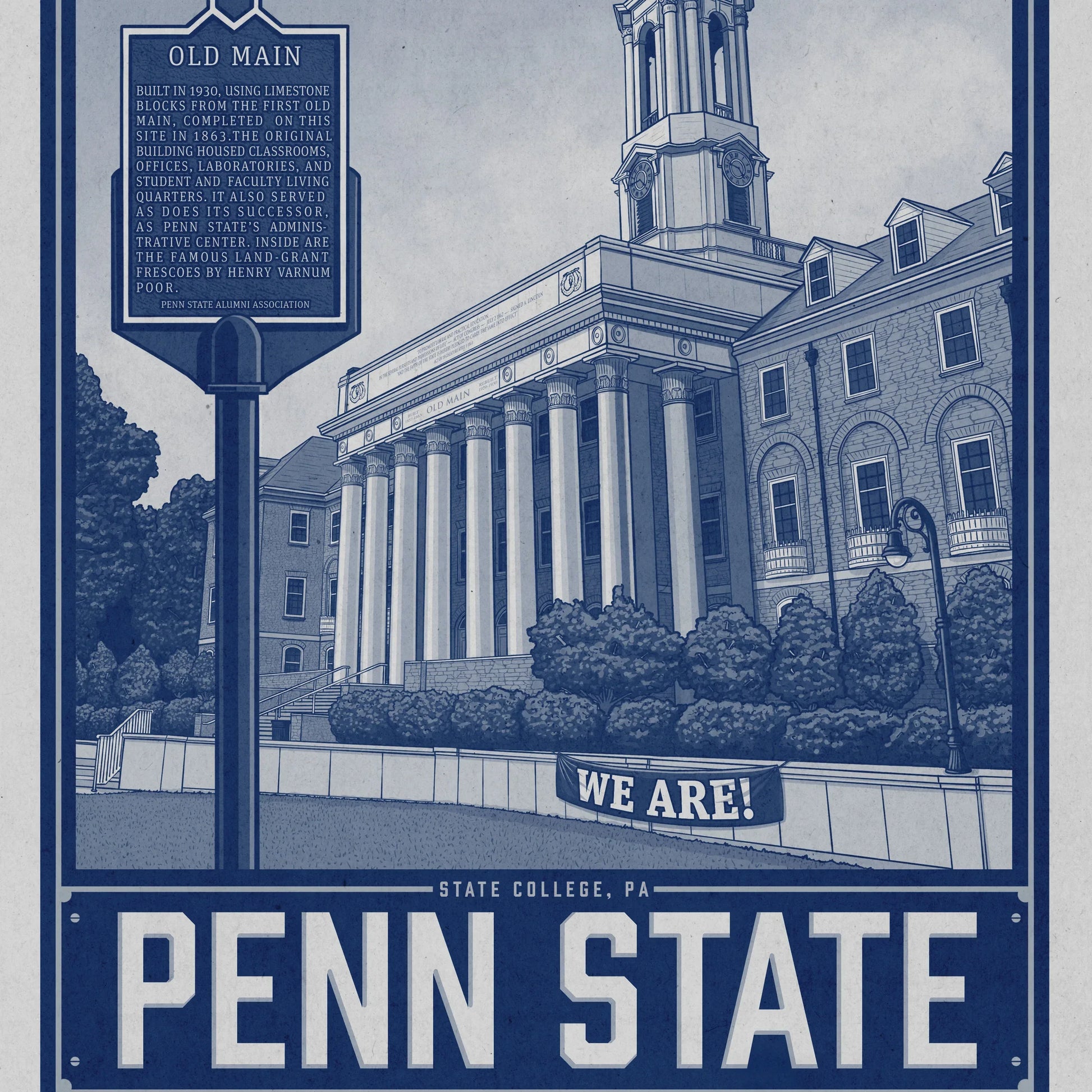 "Old Main" Penn State University Travel Poster Limited Edition Print - Nick Fasnacht Illustration & Design