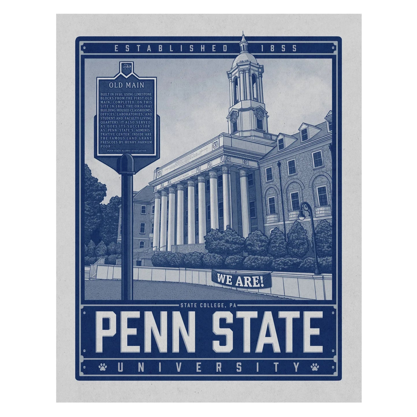 "Old Main" Penn State University Travel Poster Limited Edition Print - Nick Fasnacht Illustration & Design
