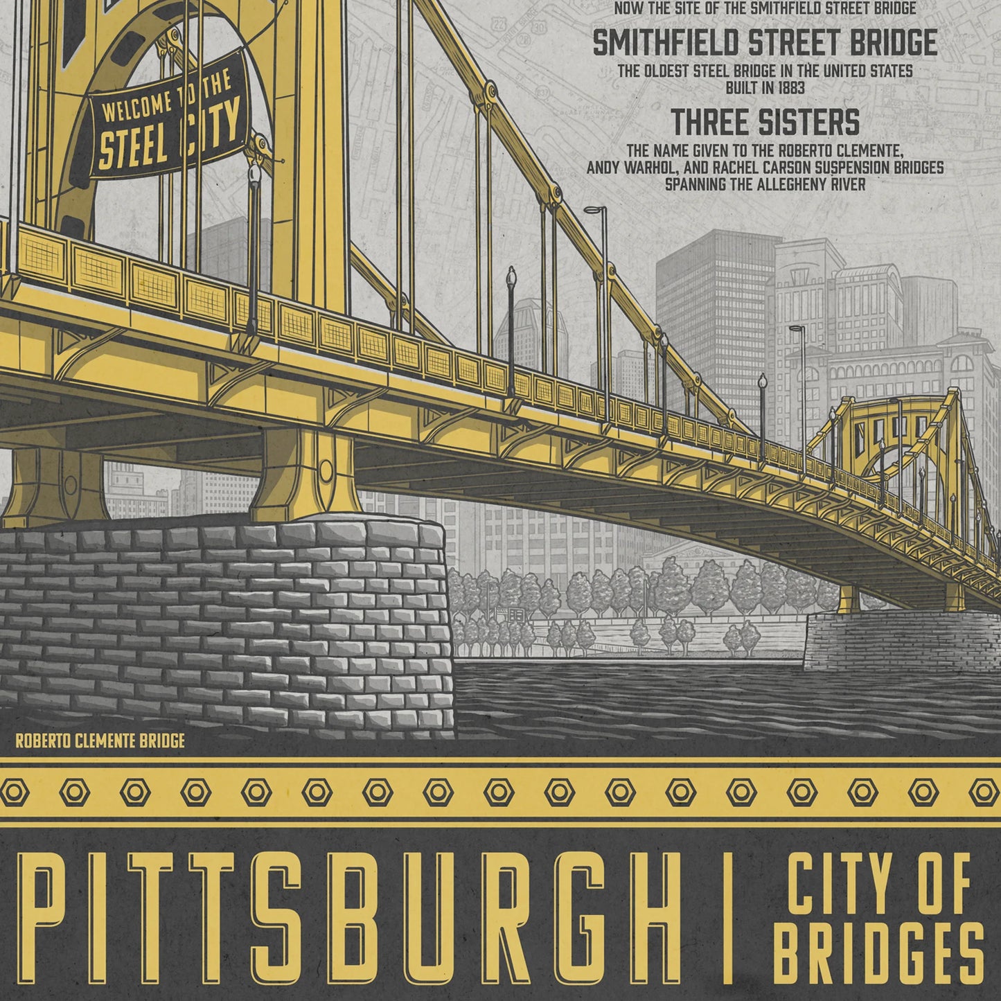 Pittsburgh City of Bridges Travel Poster Limited Edition Print - Nick Fasnacht Illustration & Design