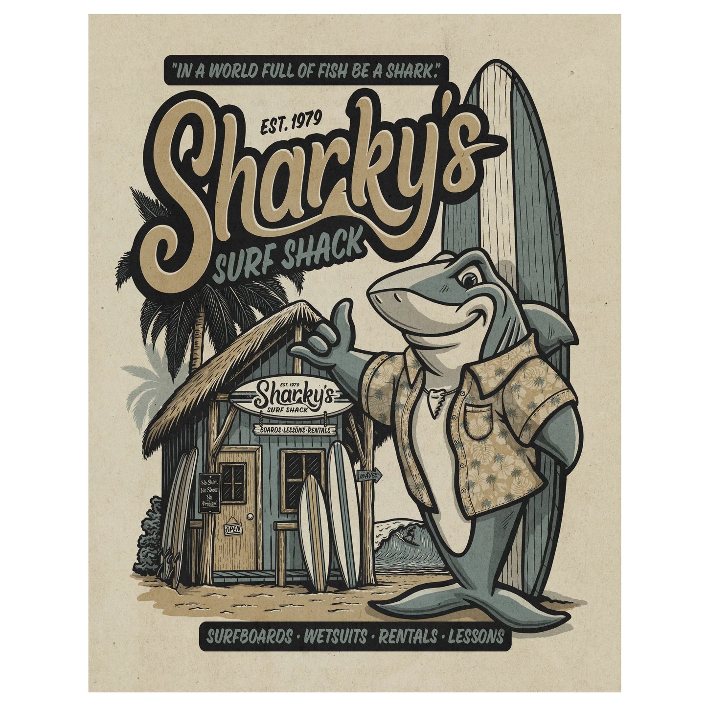 Sharky's Surf Shack Retro Ad Limited Edition Print - Nick Fasnacht Illustration & Design