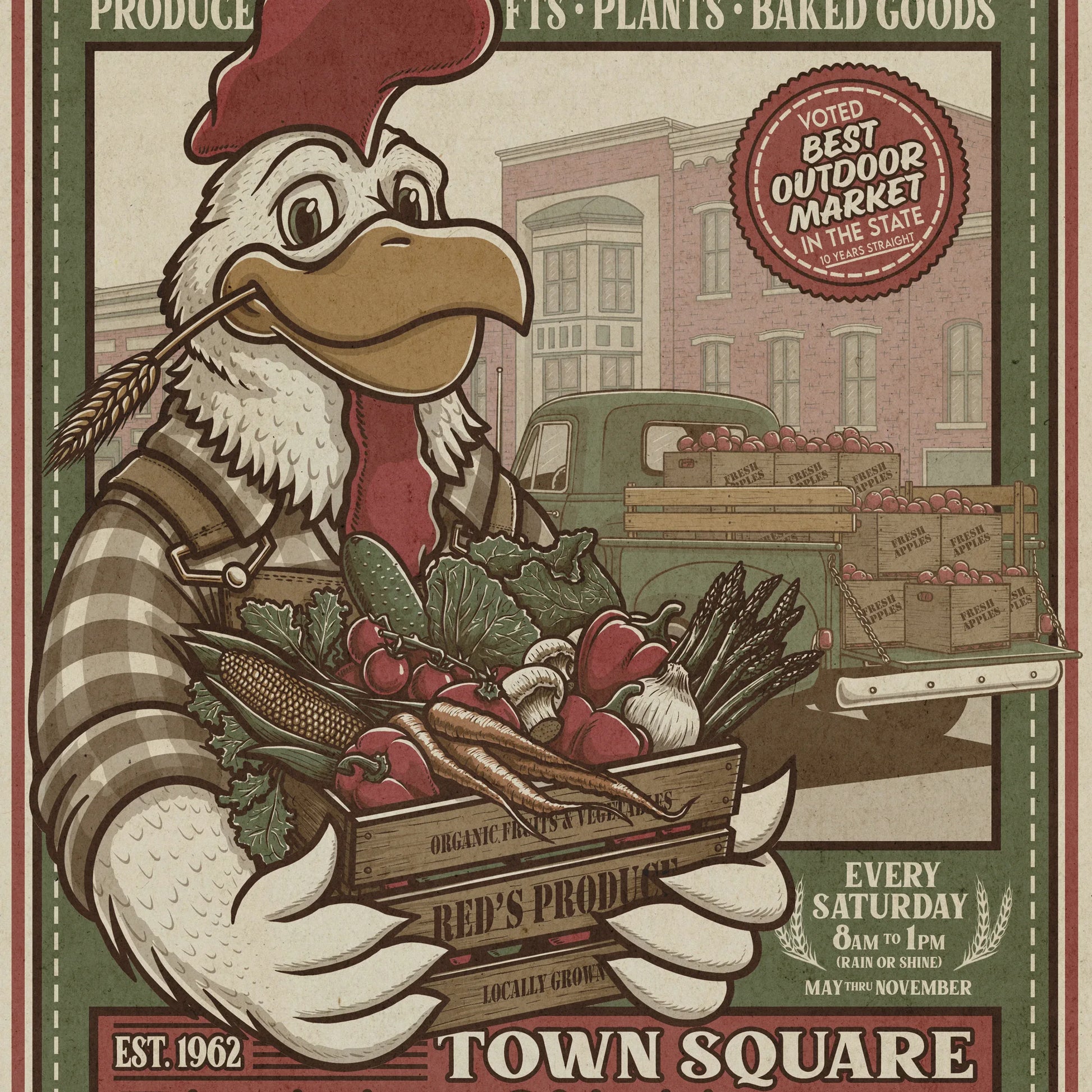 Town Square Farmers' Market Retro Ad Limited Edition Print - Nick Fasnacht Illustration & Design
