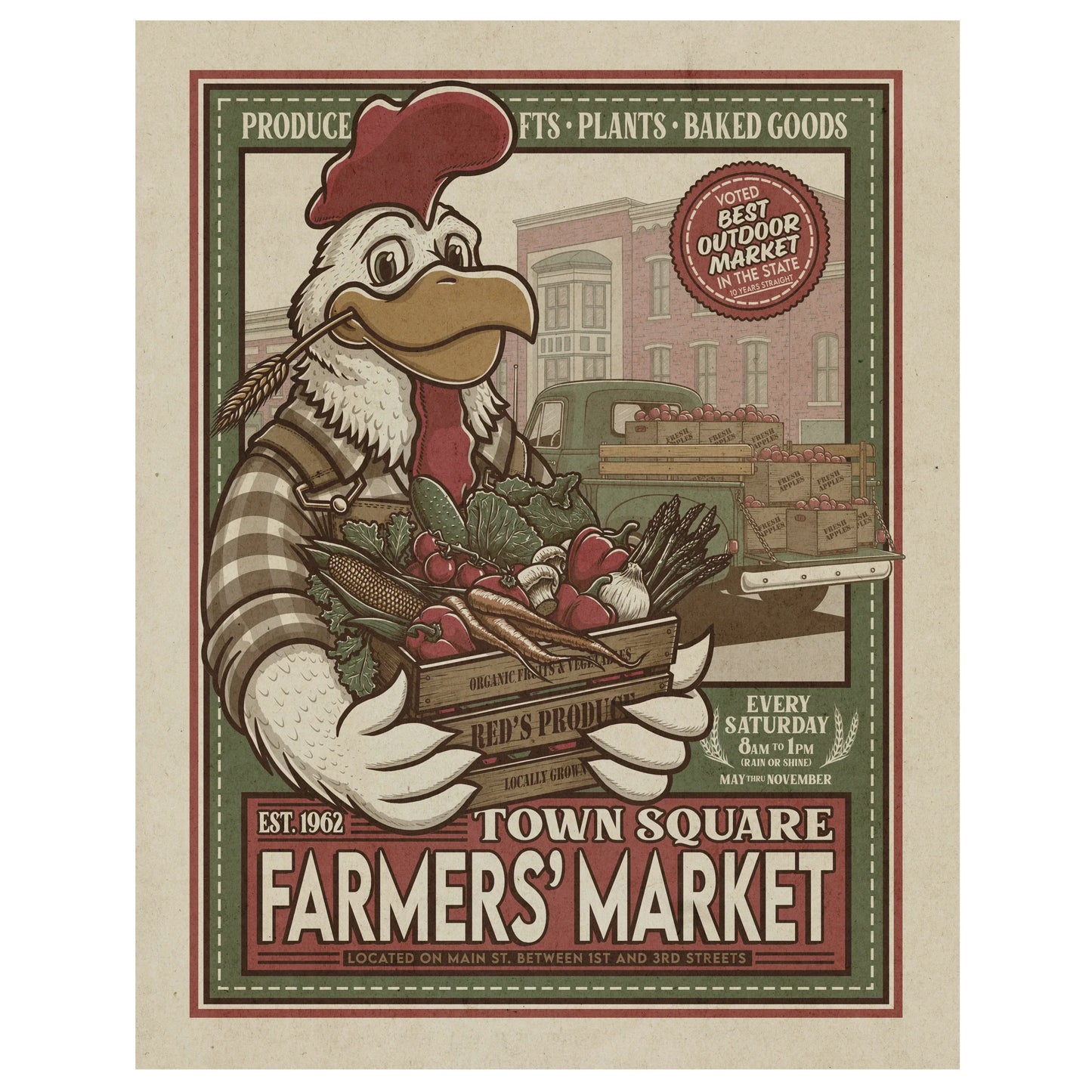 Town Square Farmers' Market Retro Ad Limited Edition Print - Nick Fasnacht Illustration & Design
