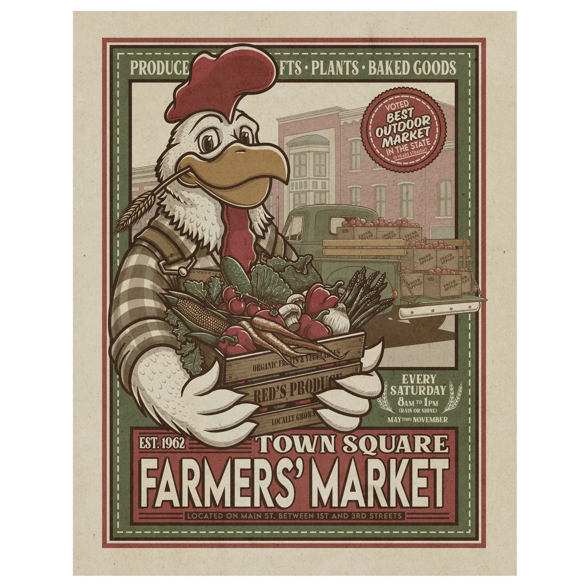 Town Square Farmers' Market Retro Ad Limited Edition Print - Nick Fasnacht Illustration & Design